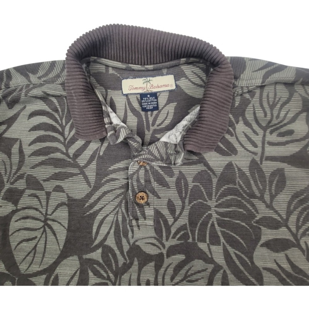 Tommy Bahama Shirt Small Silk Cotton Short Sleeve‎ Leaf Print Gray Brown